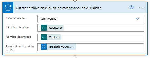 AI Builder configuration window for saving a file in the feedback loop, showing selected model 'taxi invoices' and source fields like body and title.