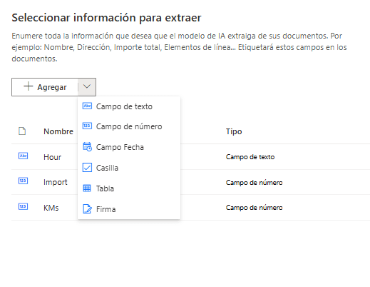Field selection interface for document processing, allowing users to define text, number, date, checkbox, table, and signature fields.