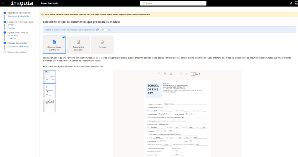 Interface for selecting document types to process, including templates, general documents, and invoices, with a sample form from the School of Fine Art.