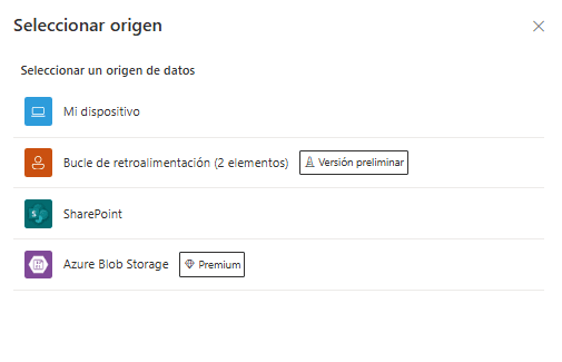 Data source selection screen in AI Builder with options like My Device, Feedback Loop, SharePoint, and Azure Blob Storage.