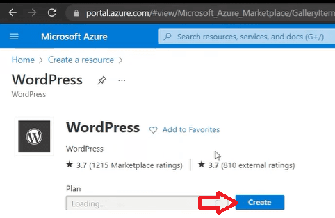 Screenshot showing WordPress resource details in Azure, including ratings and the “Create” button.