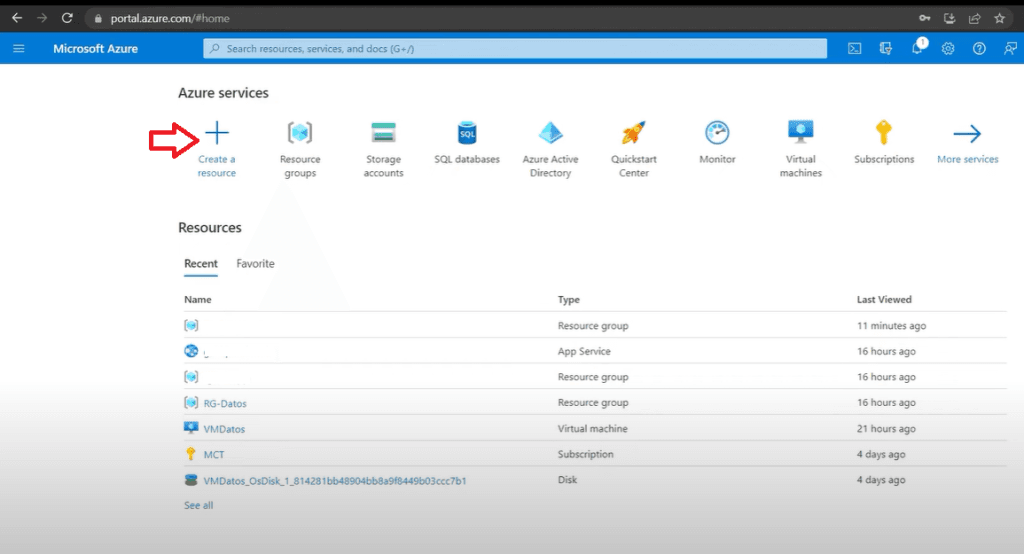Screenshot of Microsoft Azure portal highlighting the “Create a resource” option under Azure services.