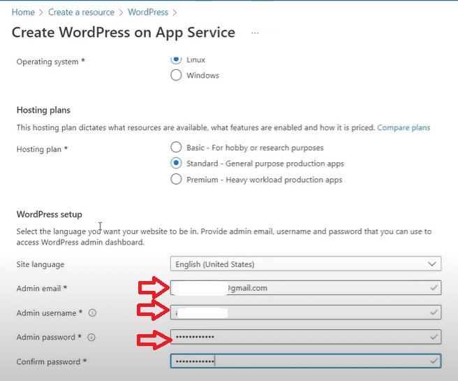 Azure setup form for WordPress App Service, showing OS selection, hosting plan, site language, and admin credentials.