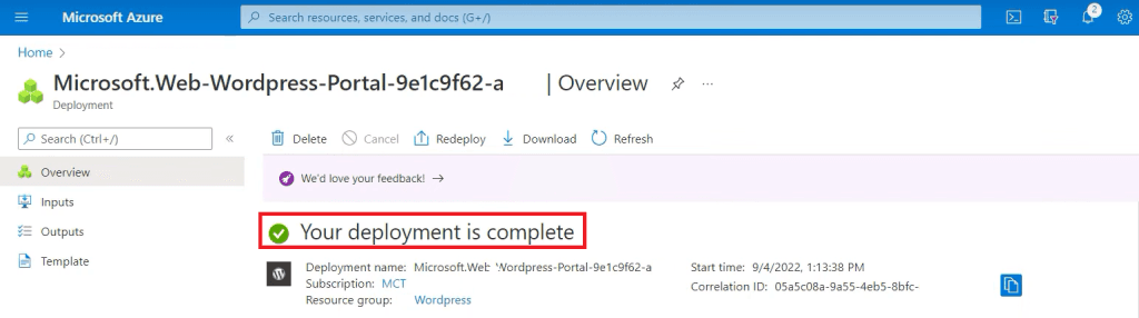 Azure portal showing “Your deployment is complete” message for a WordPress resource.