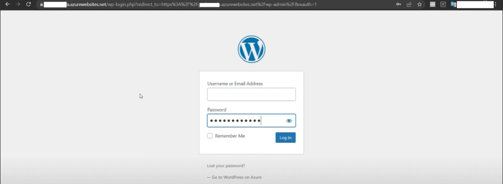 Login interface for WordPress admin panel with fields for username/email and password.