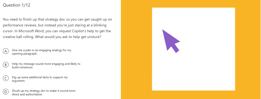 Screenshot of a quiz question about using Copilot in Word to improve a strategy document, offering multiple assistance options.