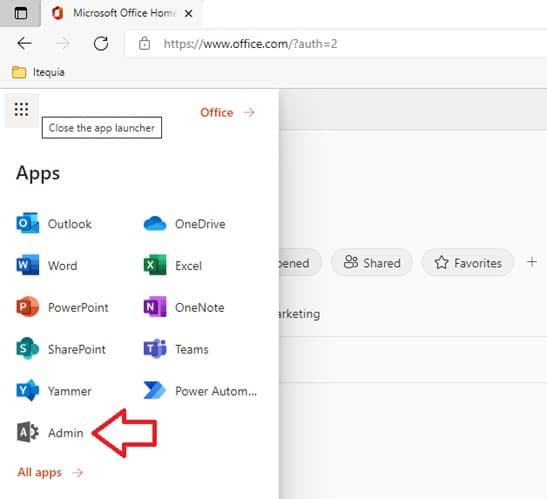 Screenshot of Microsoft Office Home interface with app launcher open, highlighting the “Admin” app icon among other Microsoft 365 apps.