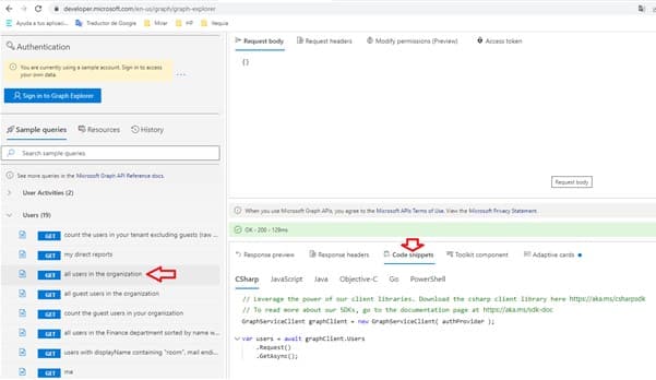 Graph Explorer interface displaying C# code snippet for querying user data using Microsoft Graph client libraries.