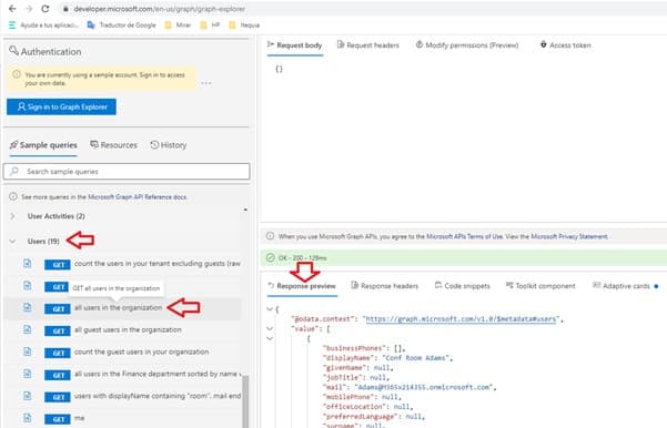 Graph Explorer interface showing sample queries and JSON response preview for user data retrieved via Microsoft Graph API.