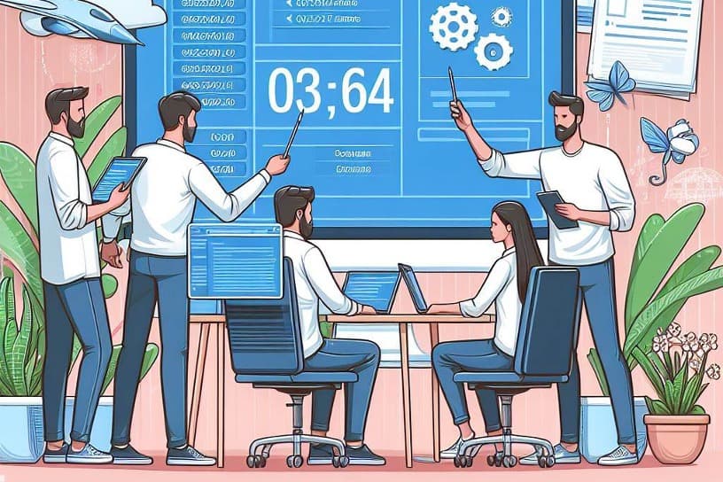 Team collaborating in an office with a digital screen showing software development time estimation tools.