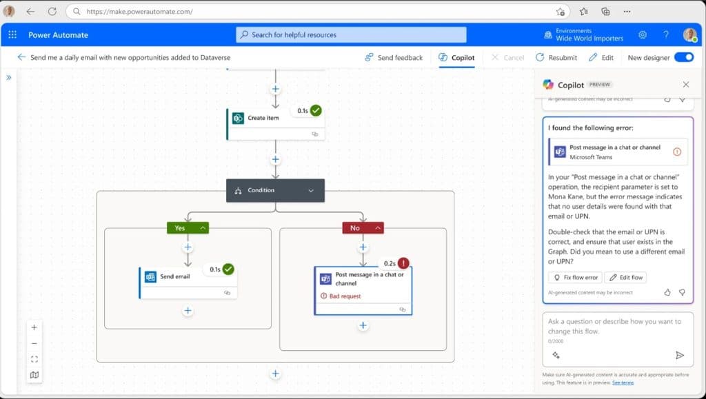 Power Automate workflow editor showing a conditional automation process with steps for item creation, email sending, and chat posting, including an error message.