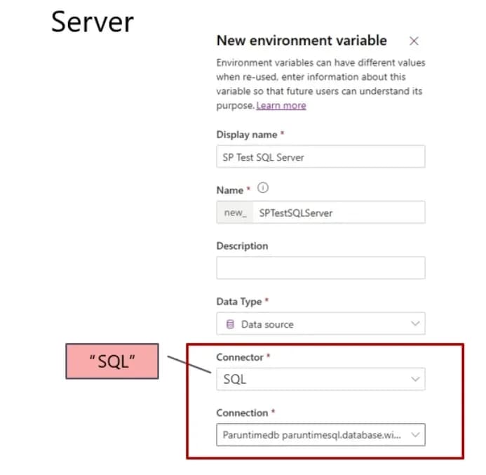 Form for creating a new environment variable in Power Apps using SQL connector and data source configuration.