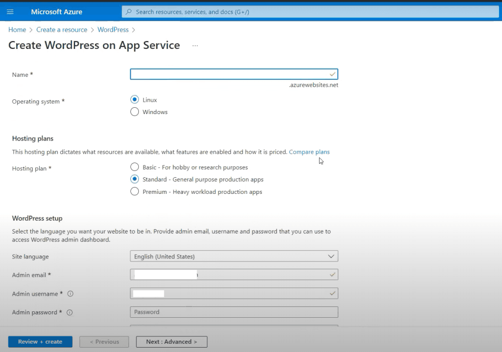Screenshot of WordPress setup form in Azure App Service, showing fields for site name, OS, hosting plan, language, and admin credentials.