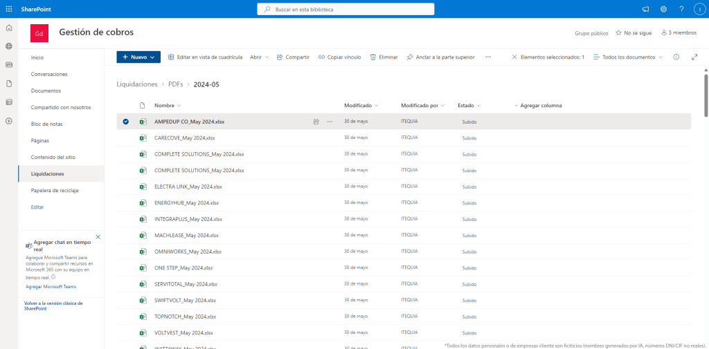 SharePoint interface showing PDF and Excel files for May 2024 collections from various clients.