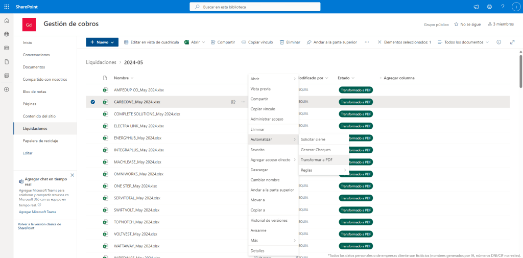 Expanded SharePoint menu showing file actions like sharing, automation, and PDF generation for collection reports.