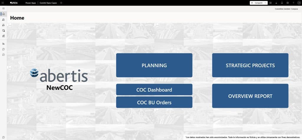 Vista del menú principal de la solución Power Apps para el Comité Opex & Capex de Abertis
