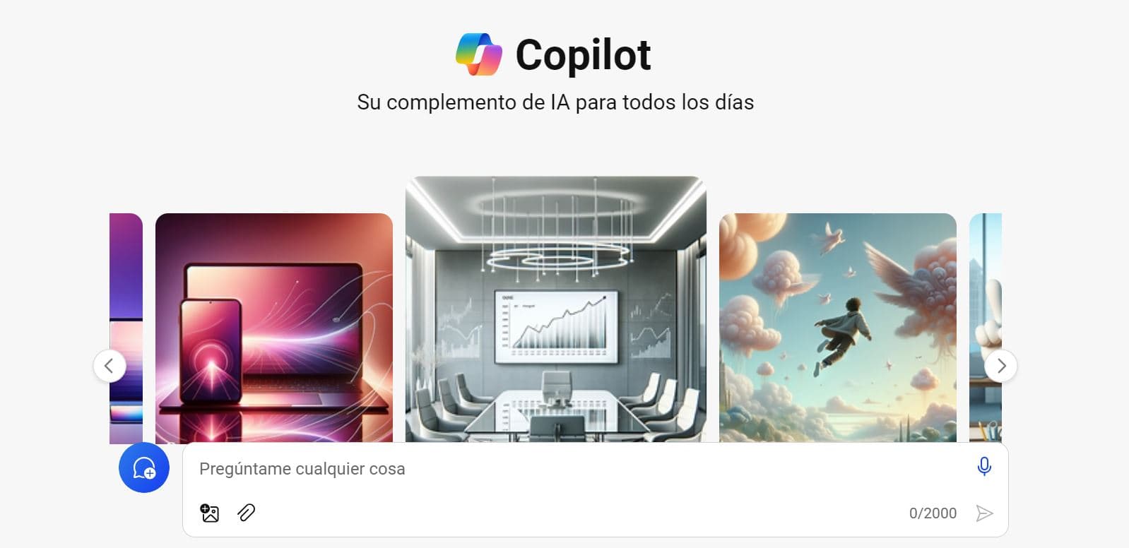 Carousel of three images representing Copilot use cases: laptops with colorful light trails symbolizing digital interaction, a conference room with a rising graph for business insights, and a person floating among clouds and birds to evoke creativity.