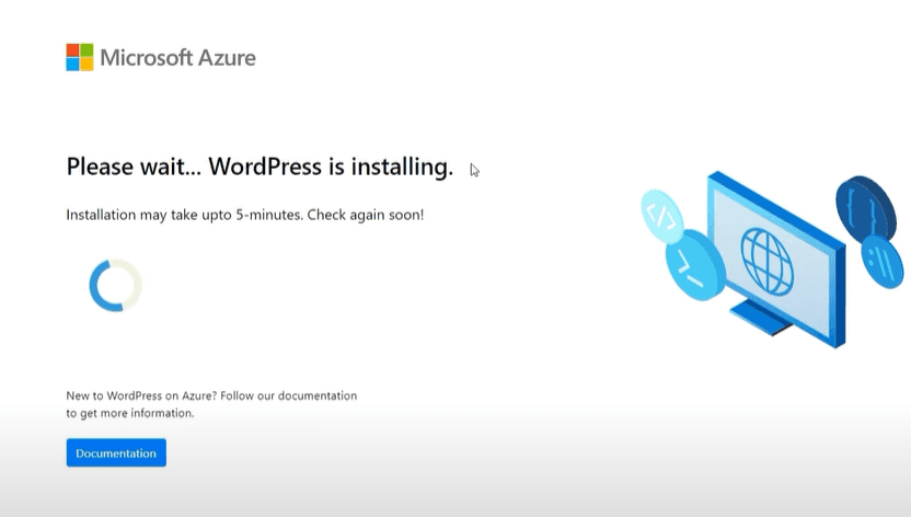 Installation screen with message “Please wait… WordPress is installing,” indicating setup progress.
