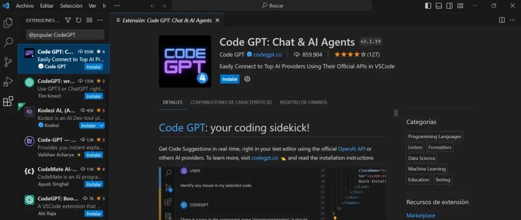 Integrar ChatGPT en Visual Studio Code - Itequia - Instalación de la extensión