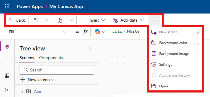 Interfaz típica del Power Apps Studio, en modo de edición de una Canvas App