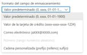 Dropdown menu in Azure showing masking formats: default, credit card, email, and custom string.