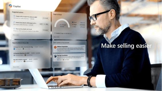 banner with “Make selling easier” message, showing a person working on a laptop surrounded by business analytics interface elements