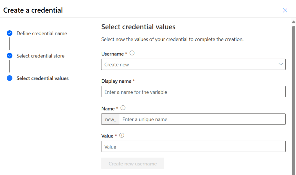 Power Automate interface for creating a credential with fields for username, display name, unique name, and value.