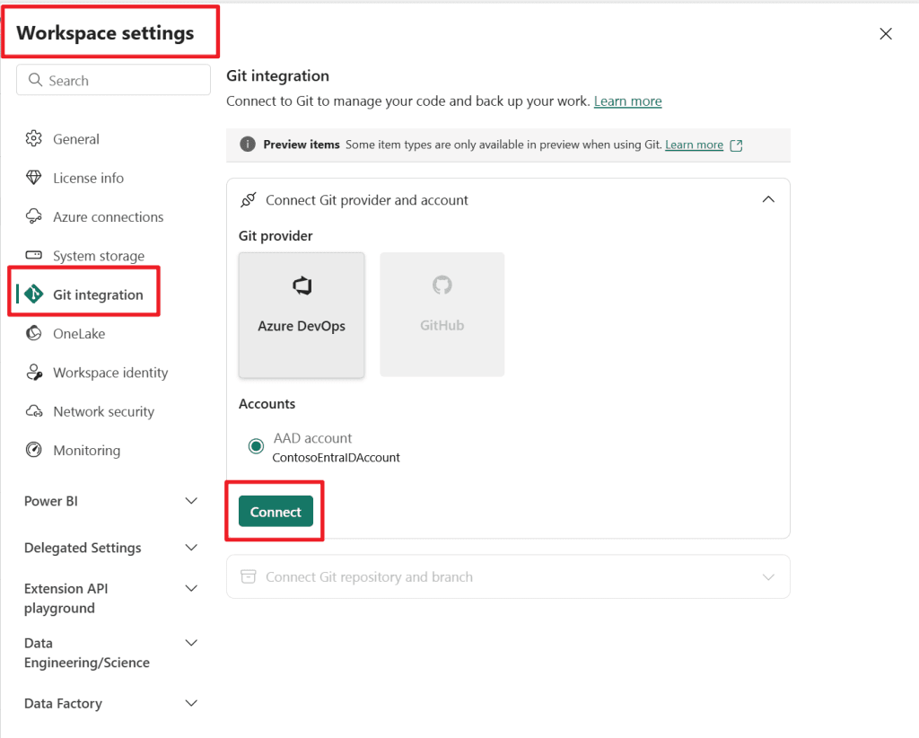 Git integration settings in Microsoft Fabric workspace
