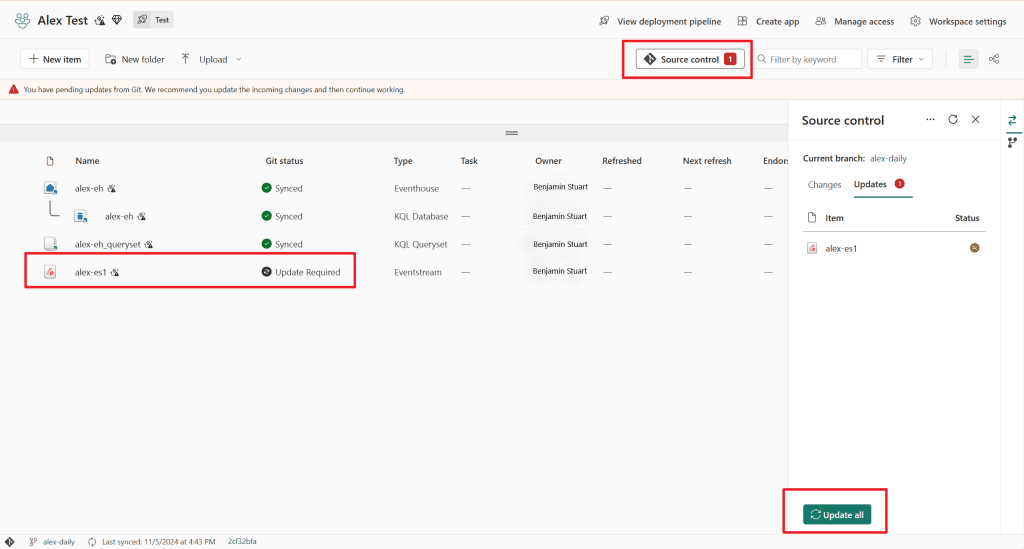 Microsoft Fabric workspace showing Git source control updates