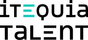 Logo with the text ‘itequia TALENT,’ featuring a stylized design where the letter E is represented by three horizontal turquoise lines.