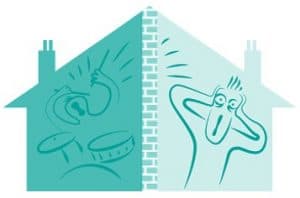 Illustration of two houses separated by a wall, one with loud drumming and the other with a person covering their ears, representing tenant conflicts.