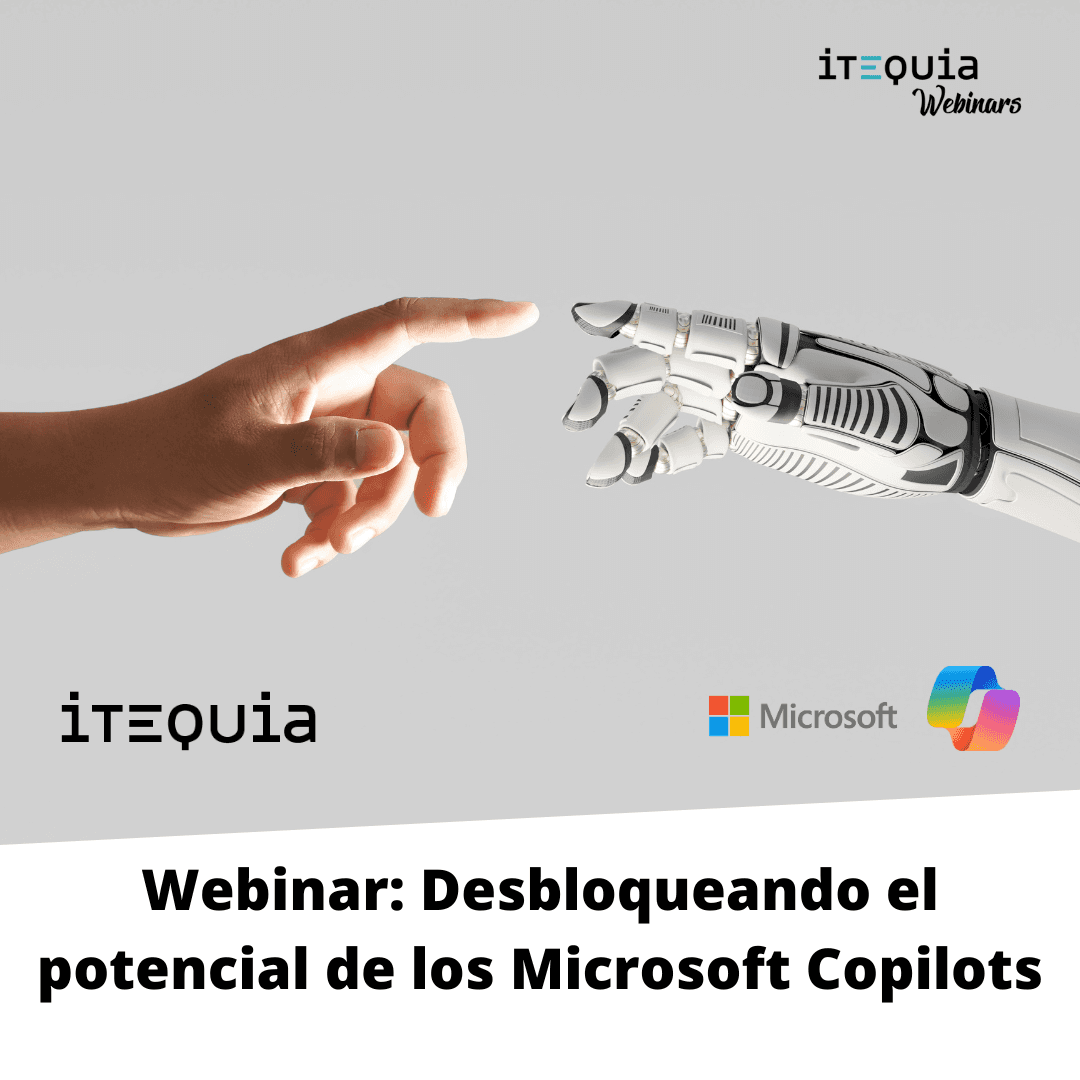 cover for Itequia's webinar titled 'Unlocking the Potential of Microsoft Copilots,' featuring a human hand reaching toward a robotic hand