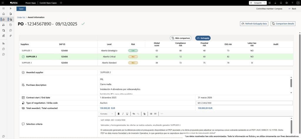 Tabla de evaluación de proveedores con scores de riesgo global, compliance, financiero y ESG obtenidos de GoSupply