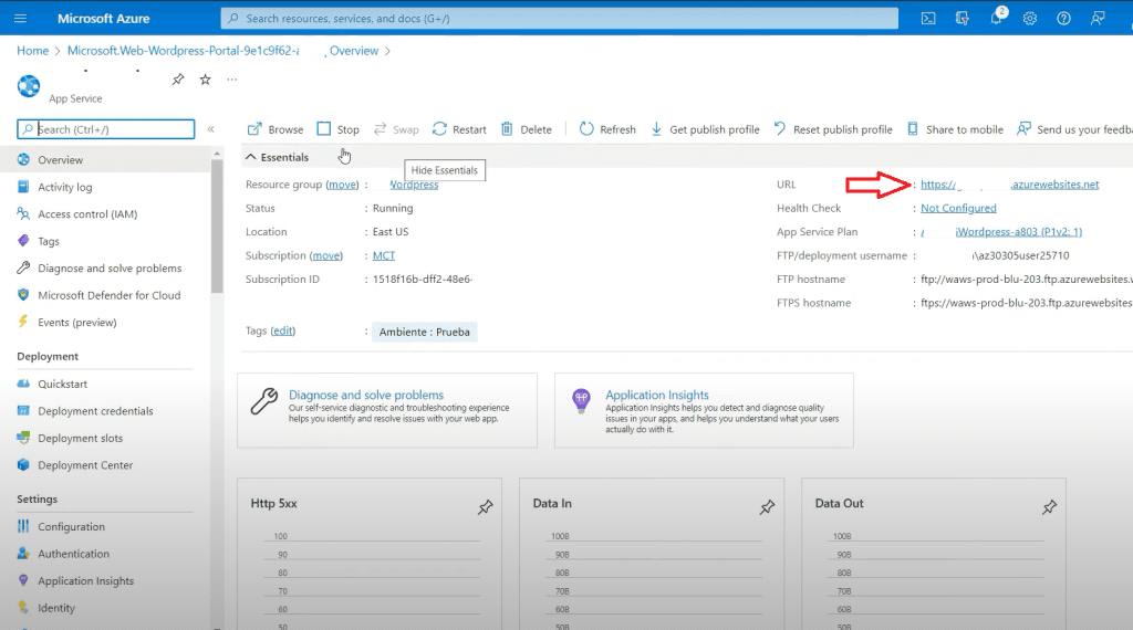 Azure App Service overview for deployed WordPress site, showing status, location, subscription ID, and access URLs.