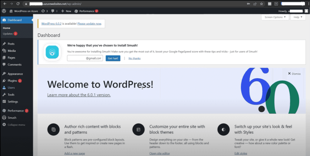 WordPress dashboard after login, welcoming users to version 6.0 with options for content creation and site customization.