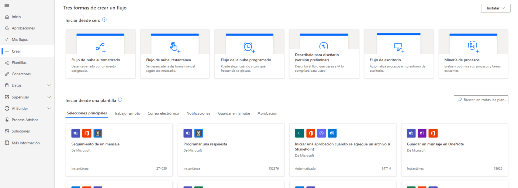 Microsoft Power Automate interface showing options to create flows from scratch or using templates, including automated, instant, and scheduled flows."