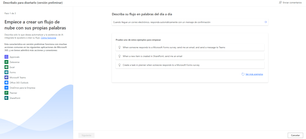 Power Automate preview interface for creating automated flows using natural language prompts, with examples involving Microsoft Forms and Teams.