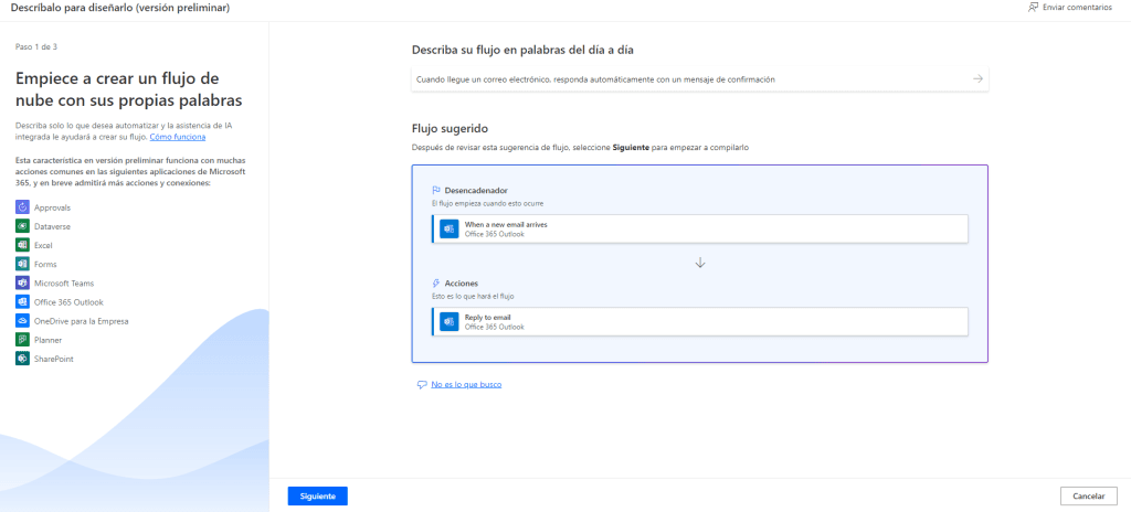 Suggested flow in Power Automate triggered by a new email in Office 365 Outlook, with automatic reply setup.