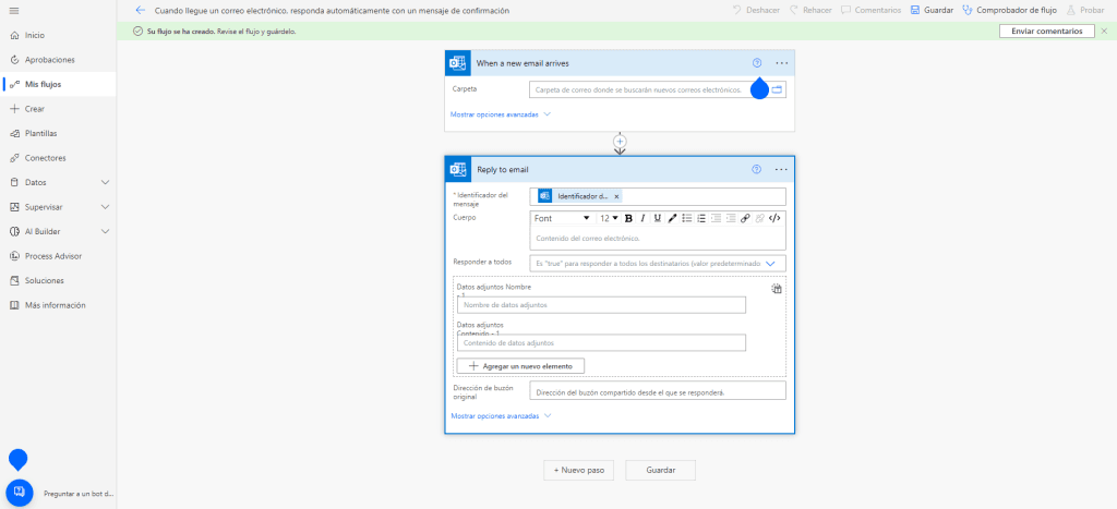 Detailed configuration in Power Automate for an automated email response flow, including trigger and reply settings.