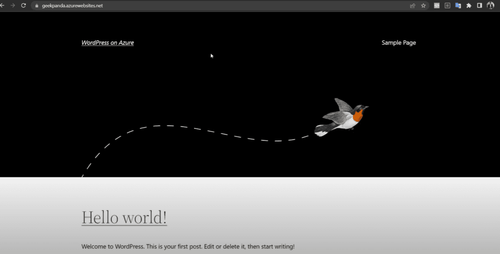 Live WordPress site displaying default theme with “Hello world!” post.