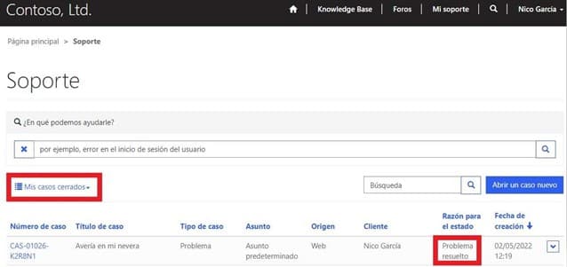 Contoso Ltd support page showing closed case 'Avería en mi nevera' with client details and resolution status.