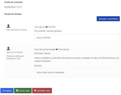 Comment creation screen in Dynamics 365 where Nico García Fernández confirms receipt and start of work on the case.