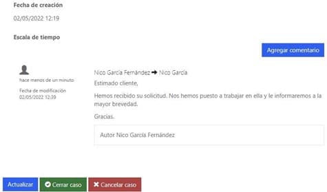 Comment creation screen in Dynamics 365 where Nico García Fernández confirms receipt and start of work on the case.