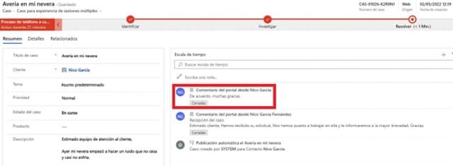 Updated comment thread in Dynamics 365 including acknowledgments from SYSTEM and Nico García Fernández.