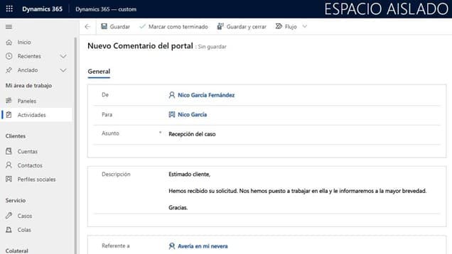 Dynamics 365 interface showing a new portal comment being created by Nico García Fernández for case reception.