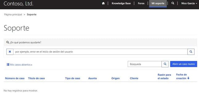 Support section of Contoso's portal with search functionality and options to open new support cases.