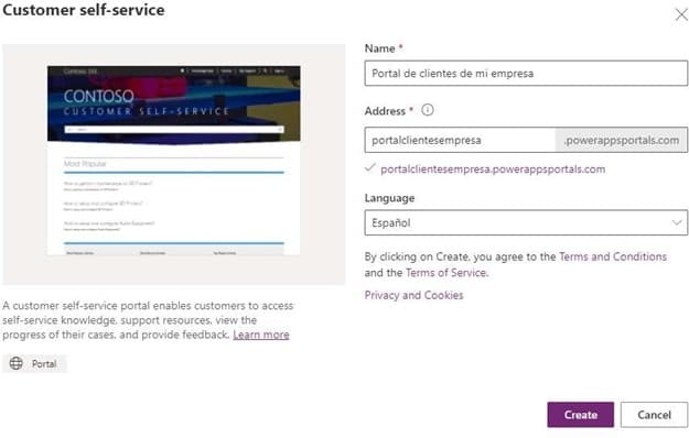 Screenshot of a customer self-service portal setup page with fields for name, address, and language selection.