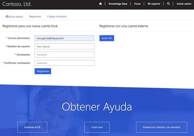Registration page for Contoso's portal with fields for email, username, password, and account type selection.