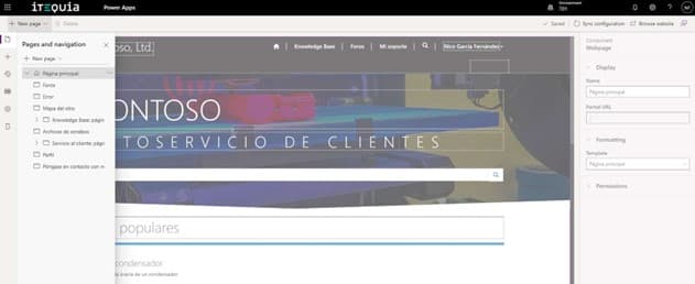 itequia Power Apps interface showing navigation options for configuring Contoso Ltd's customer service portal pages.