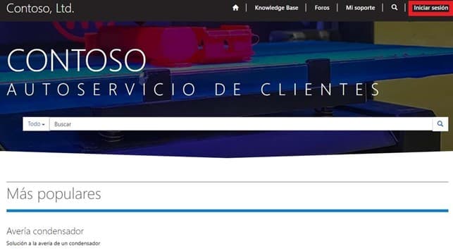 Homepage of Contoso's customer self-service portal with navigation options for Knowledge Base, Forums, and Support.